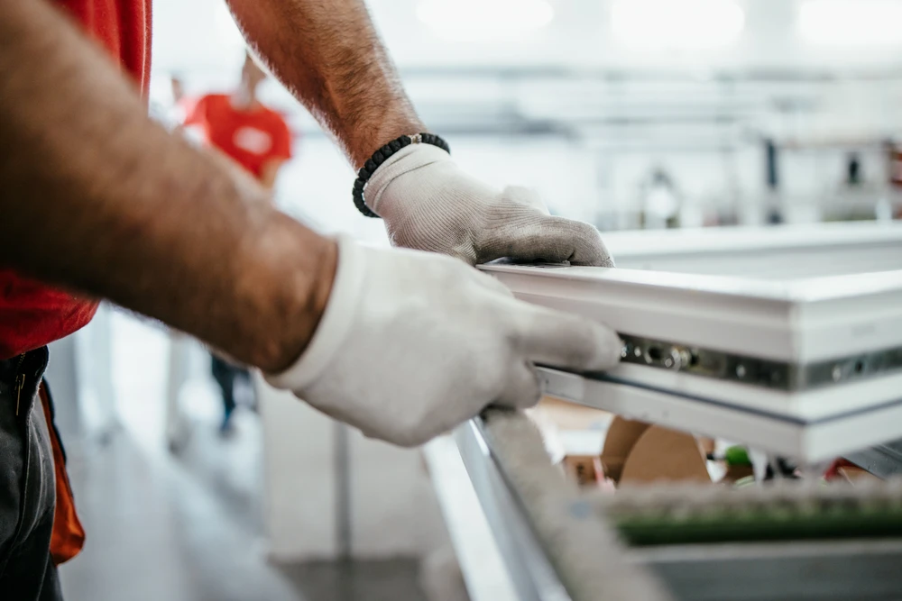 Ouvrier en bâtiment installant une fenêtre de toit dans combles aménagés