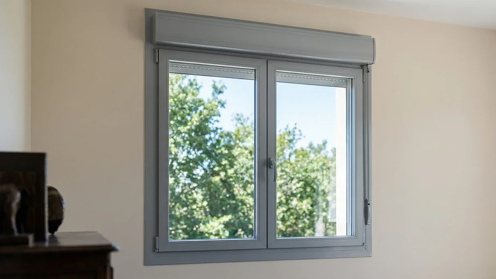 Façade extérieure résidentielle avec volet roulant brun fermé, mur en pierre naturelle et lierre vert