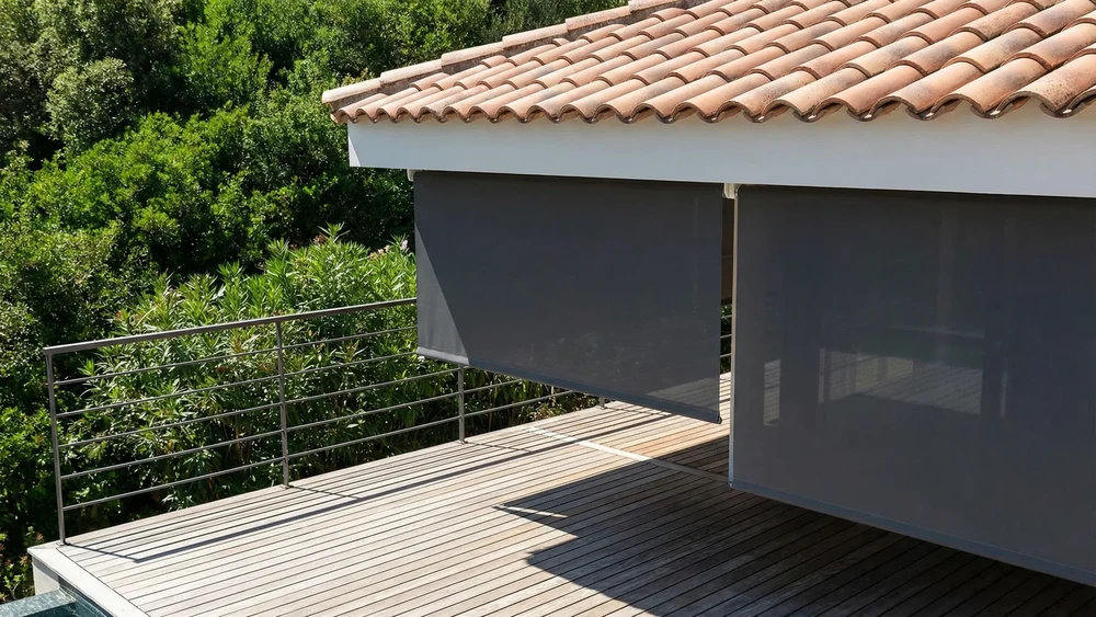 Étalage extérieur d'espadrilles artisanales suspendues sur présentoir en bois