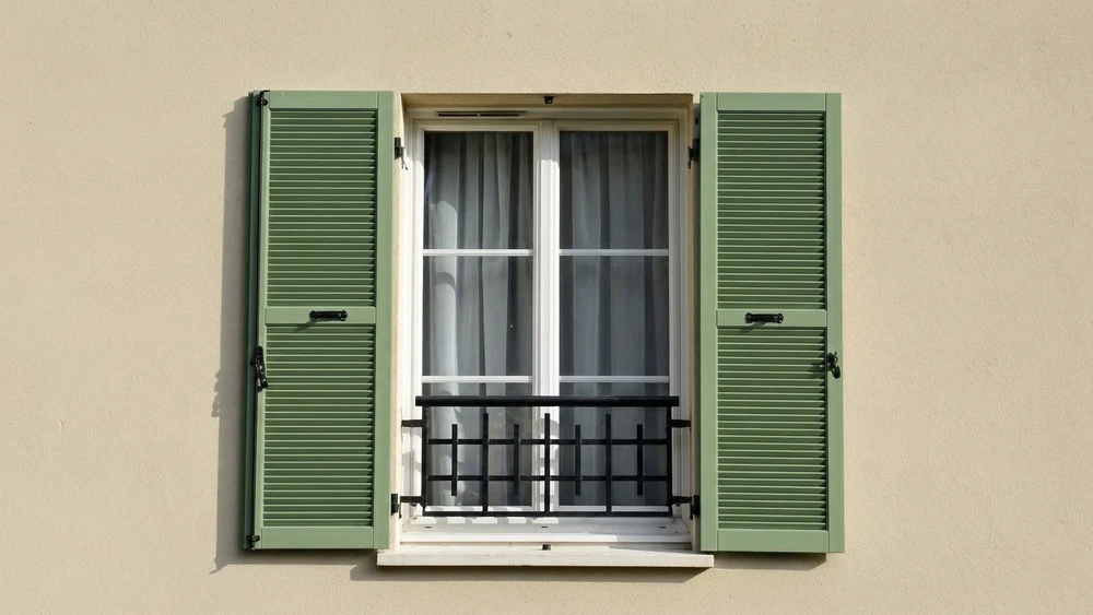 Façade extérieure de maison traditionnelle avec deux fenêtres à double battant équipées de volets battants bleu ciel